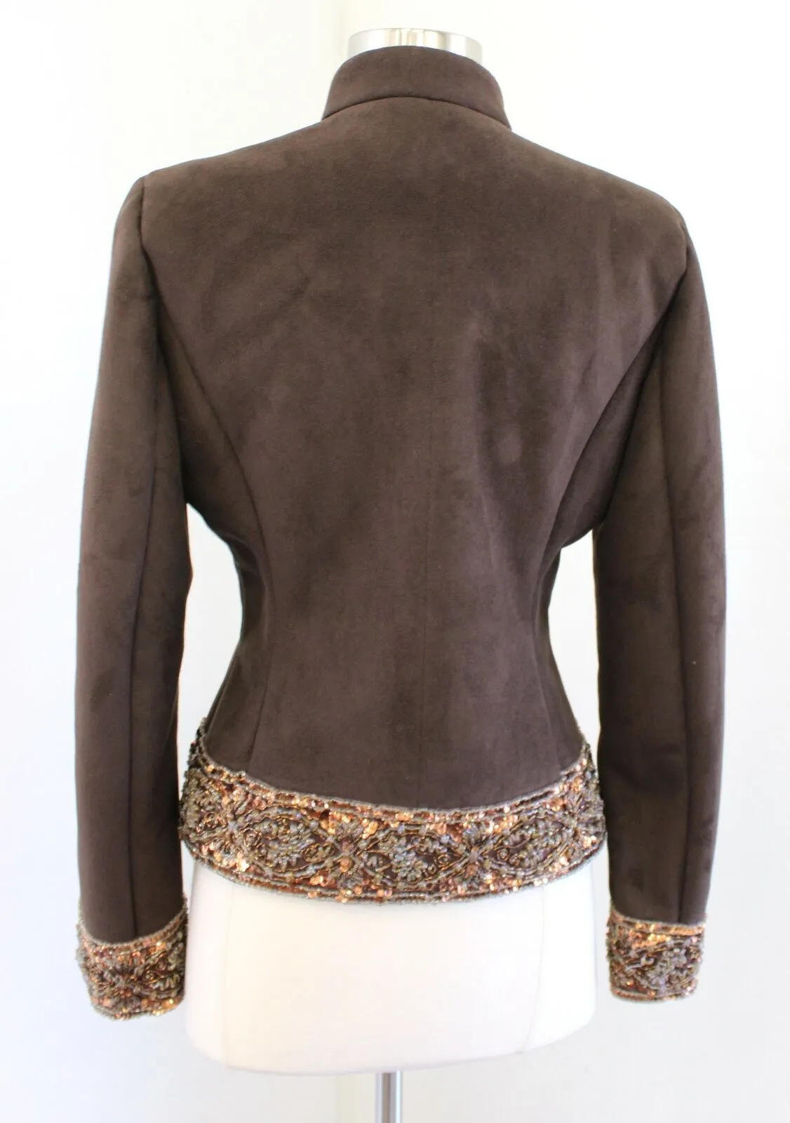 St John Coats Brown Faux Suede Beaded Embellished Jacket Size XS Bronze Gold