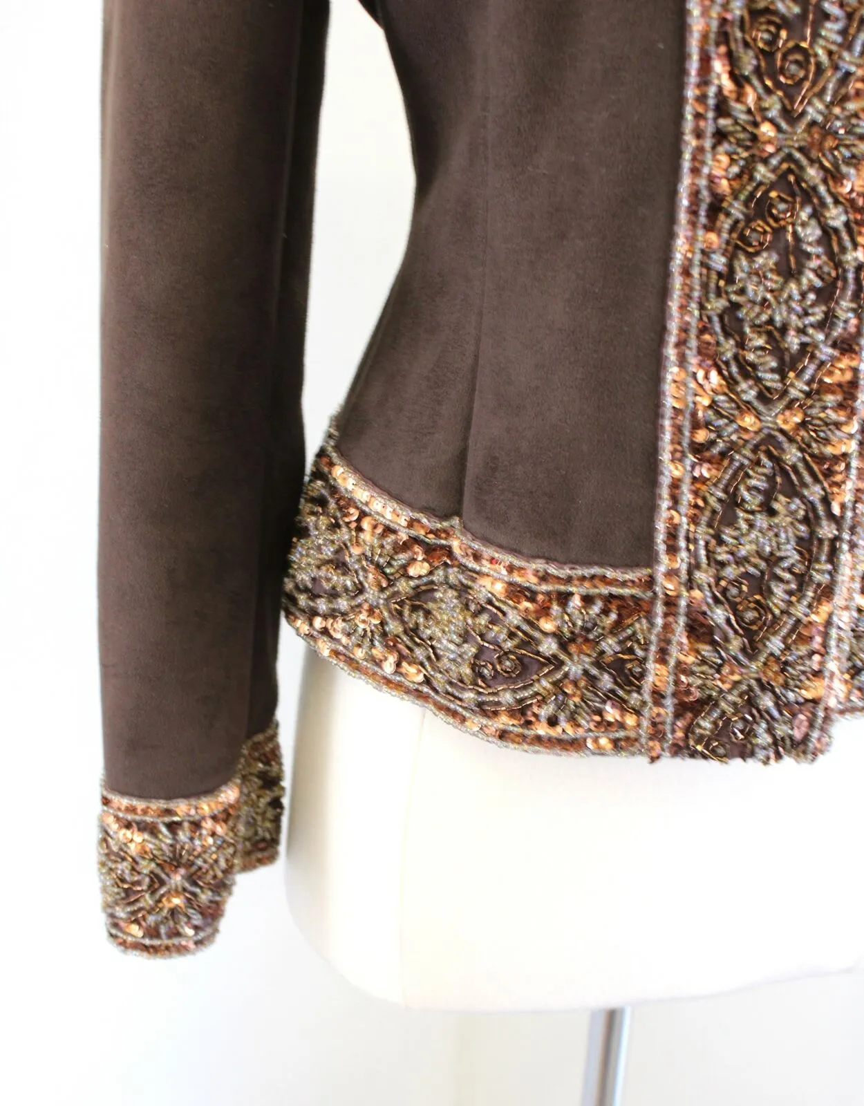 St John Coats Brown Faux Suede Beaded Embellished Jacket Size XS Bronze Gold
