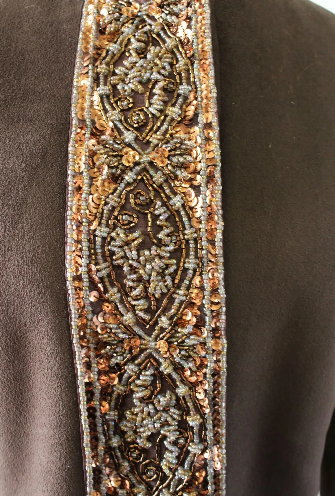 St John Coats Brown Faux Suede Beaded Embellished Jacket Size XS Bronze Gold