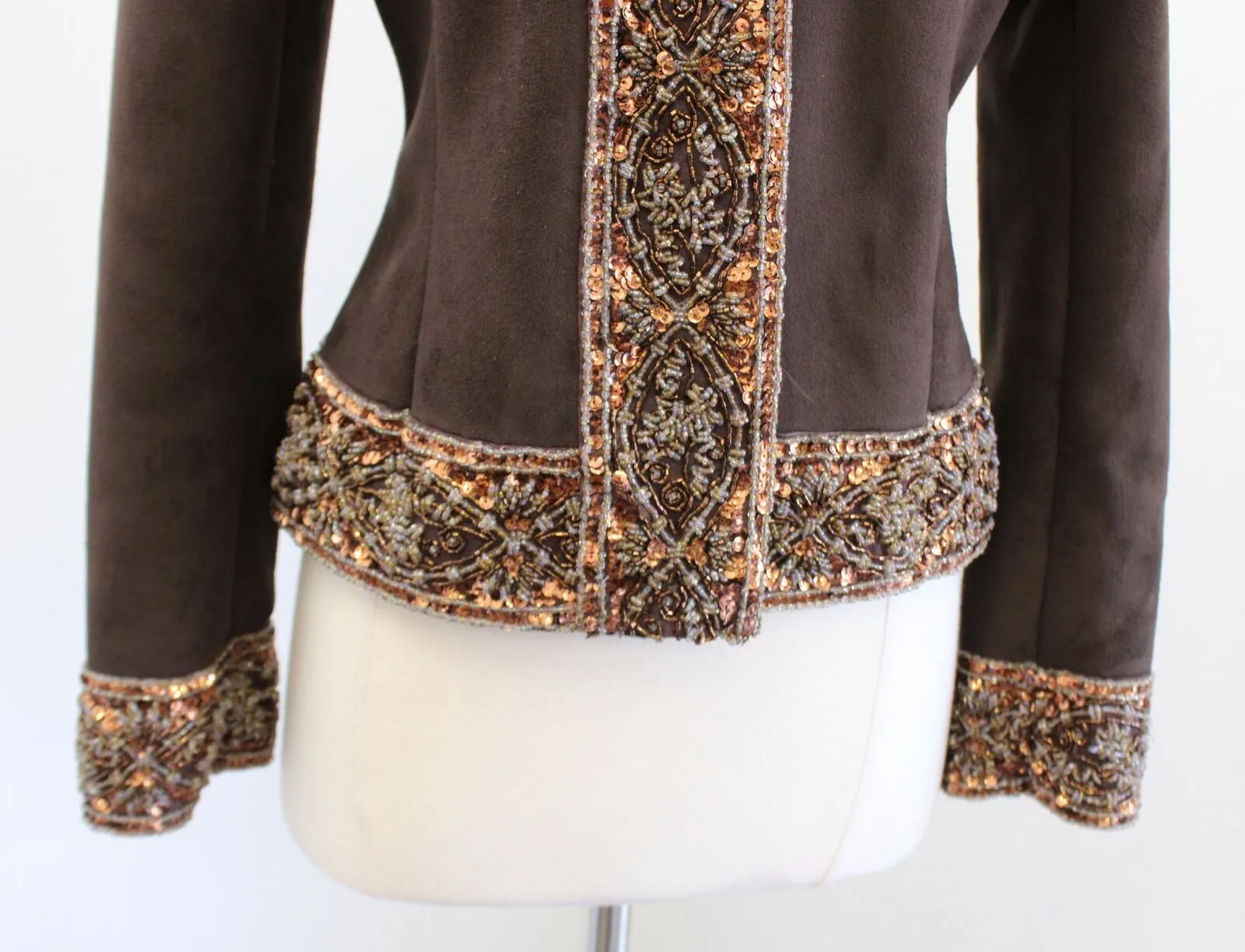 St John Coats Brown Faux Suede Beaded Embellished Jacket Size XS Bronze Gold
