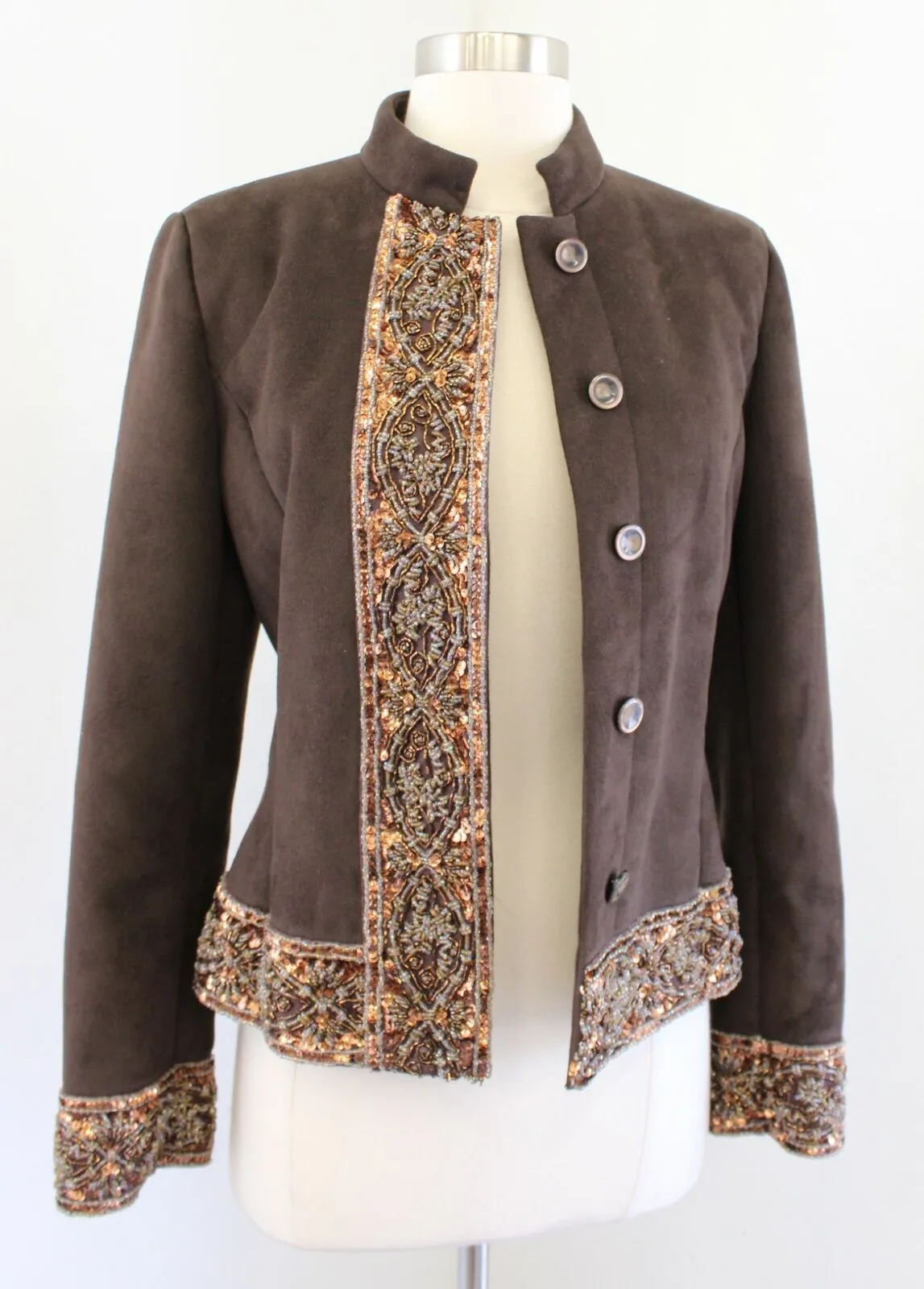 St John Coats Brown Faux Suede Beaded Embellished Jacket Size XS Bronze Gold