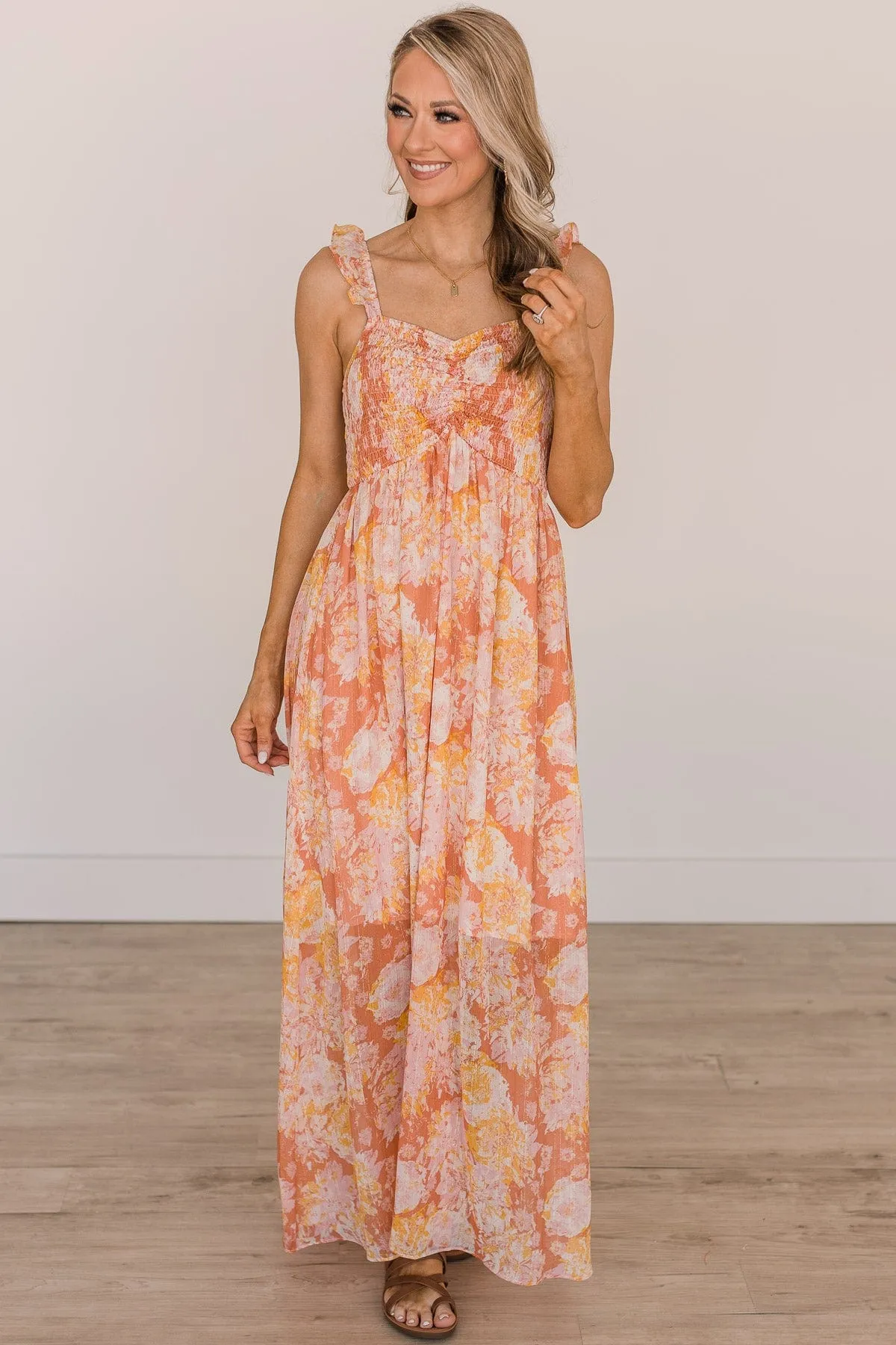 Staying True Floral Maxi Dress- Salmon Pink & Yellow
