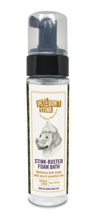 Stink-Buster Foam Bath for your pets! Provides a waterless bath on the go as well as a detangling solution.