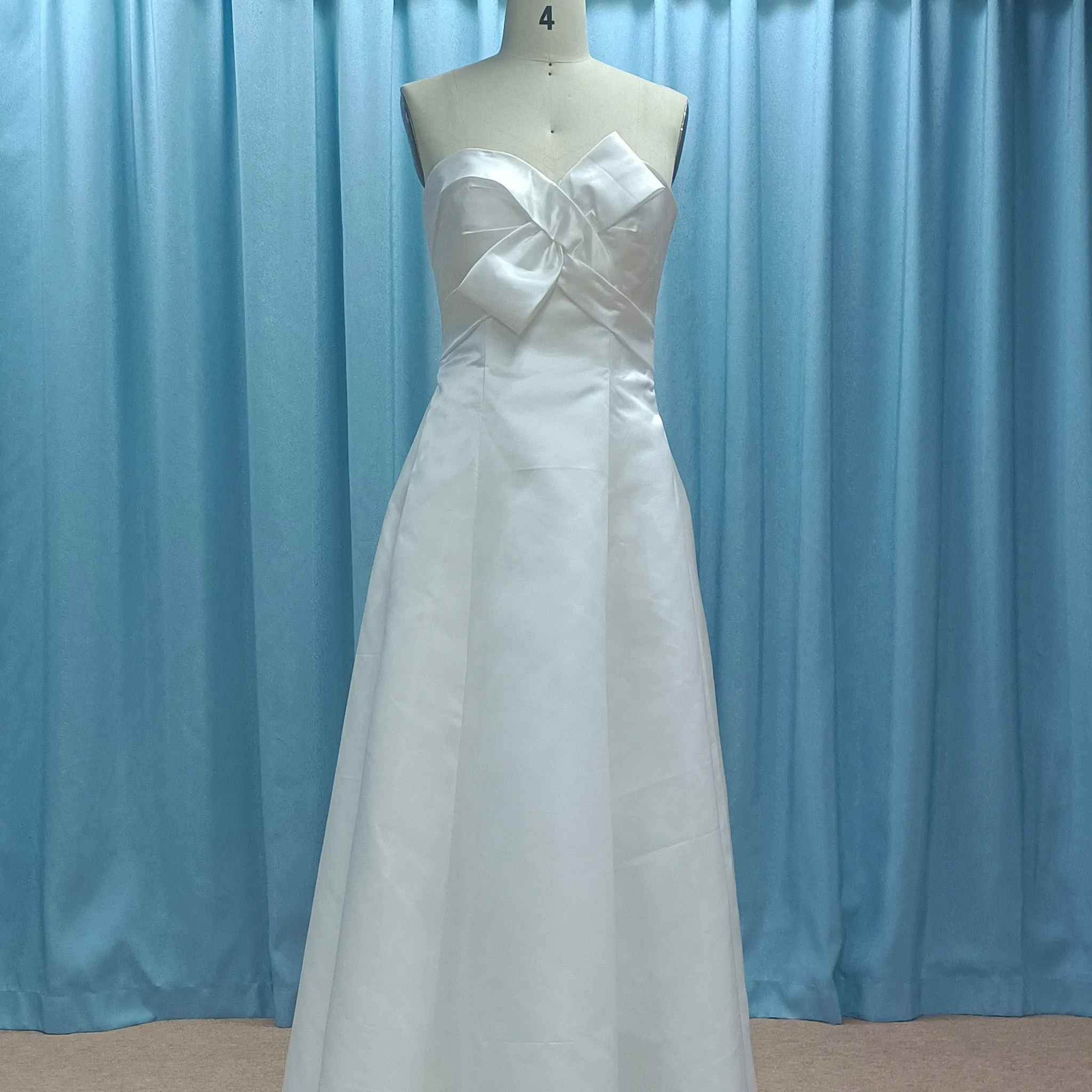 Strapless Satin A-line Tea Length Wedding Dress with Ruched Bodice