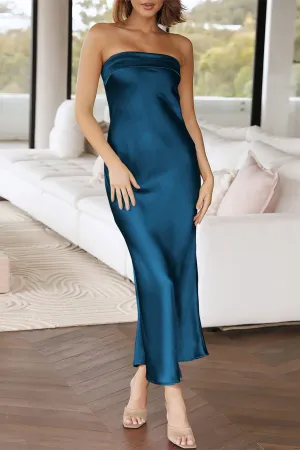 Straps Blue Satin Tea Length Party Dress