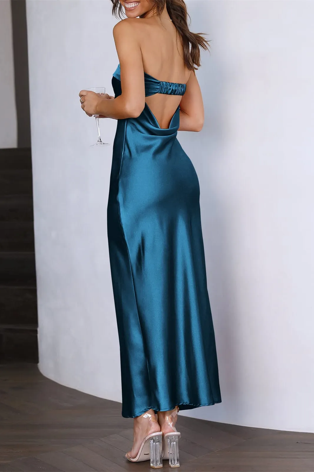 Straps Blue Satin Tea Length Party Dress