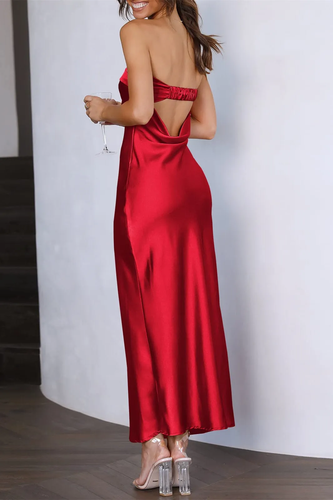 Straps Blue Satin Tea Length Party Dress