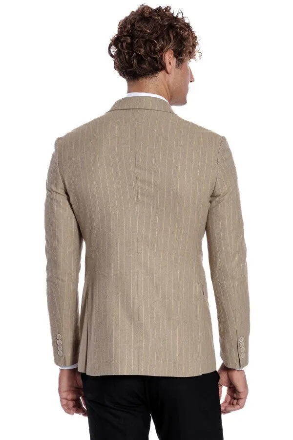 Striped Double Breasted Cream Men Blazer - Wessi