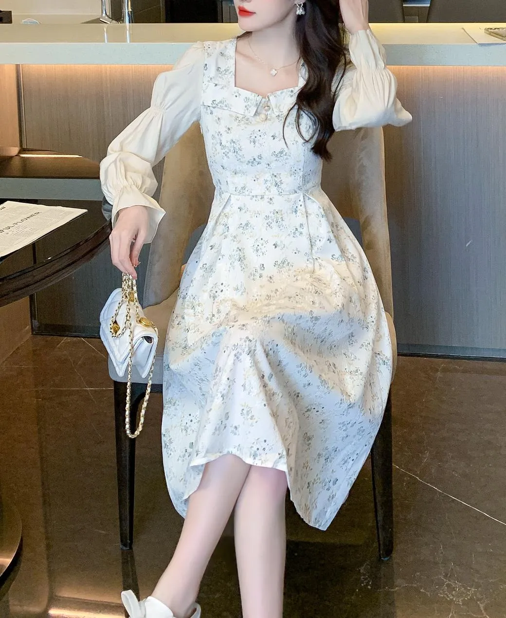 Stylish Mid-Length Long Sleeve Floral Tea Dress