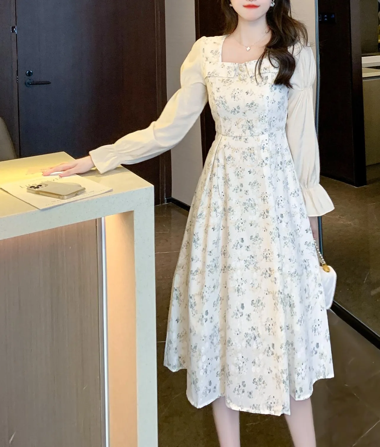 Stylish Mid-Length Long Sleeve Floral Tea Dress