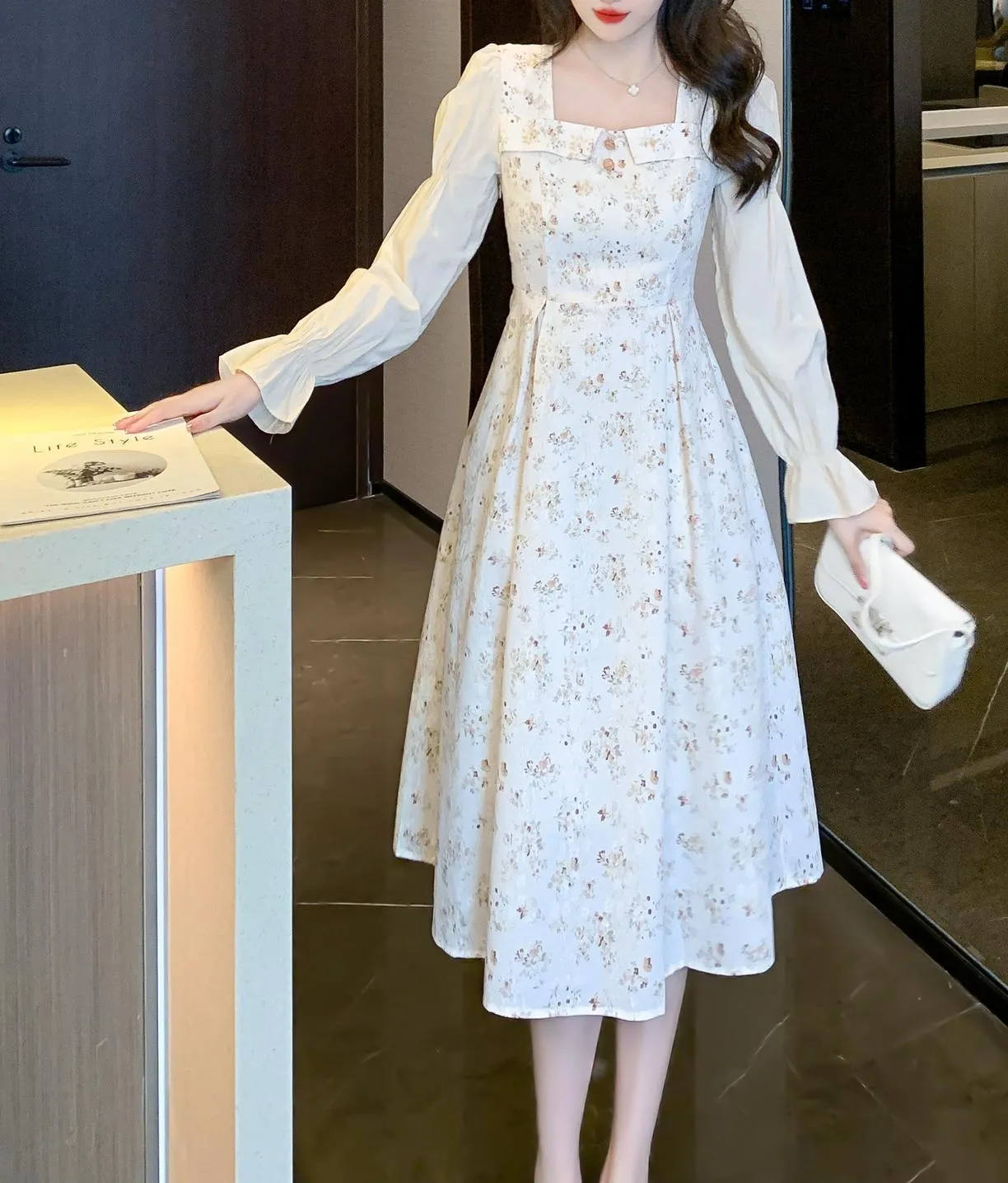 Stylish Mid-Length Long Sleeve Floral Tea Dress