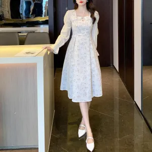 Stylish Mid-Length Long Sleeve Floral Tea Dress