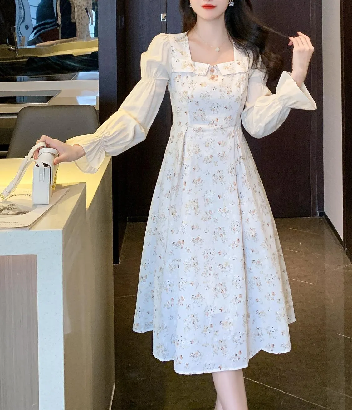 Stylish Mid-Length Long Sleeve Floral Tea Dress