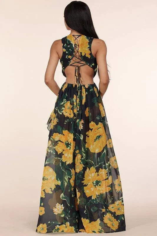 SULTRY BLACK AND YELLOW FLORAL MAXI DRESS