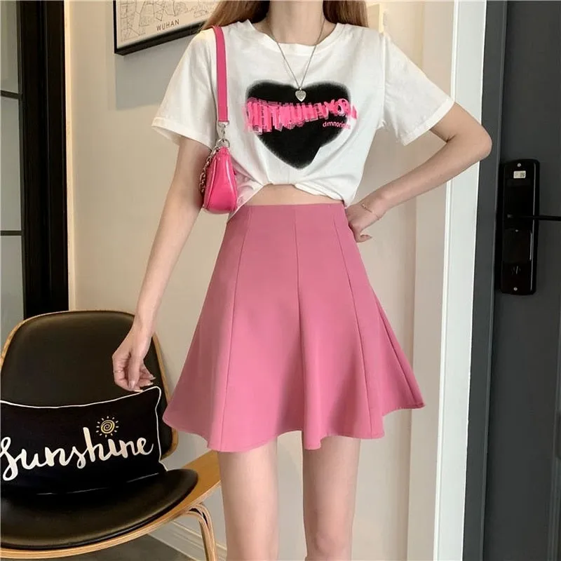 Summer Fashion All-match Pleated Pure Color High Waist Skirts