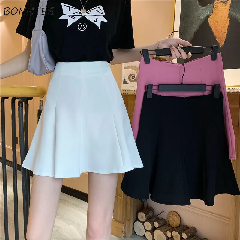 Summer Fashion All-match Pleated Pure Color High Waist Skirts
