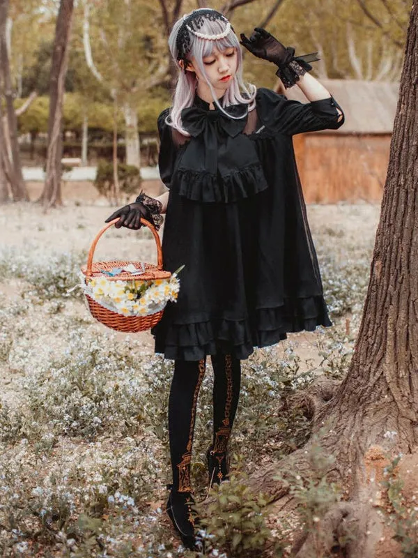 Sweet Lolita OP One Piece Dress Stand Collar Short Sleeve Chiffon Ruffles Frills White Lolita Dresses With Bows