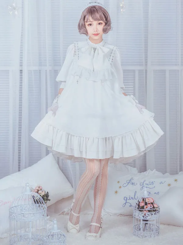 Sweet Lolita OP One Piece Dress Stand Collar Short Sleeve Chiffon Ruffles Frills White Lolita Dresses With Bows