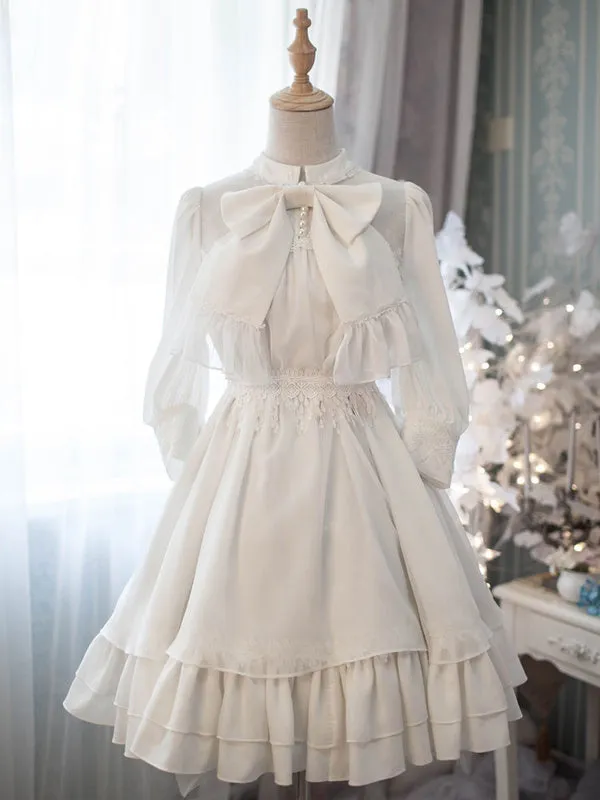 Sweet Lolita OP One Piece Dress Stand Collar Short Sleeve Chiffon Ruffles Frills White Lolita Dresses With Bows
