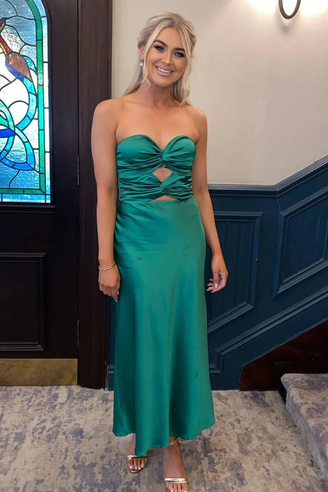 Sweetheart Green Knotted Tea Length Dress