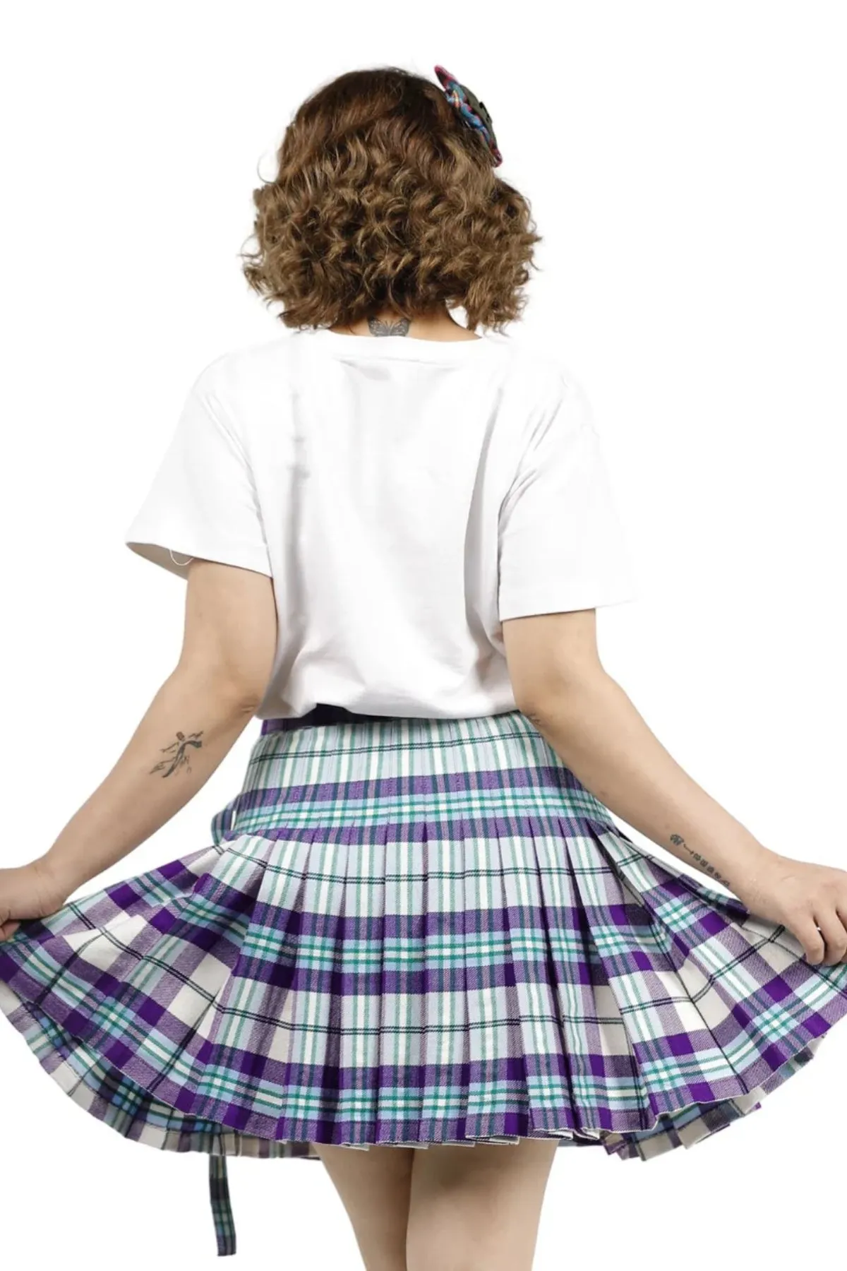 Tartan Wrap-Style Pleated Mini Skirt with Belt and Buckle Closure