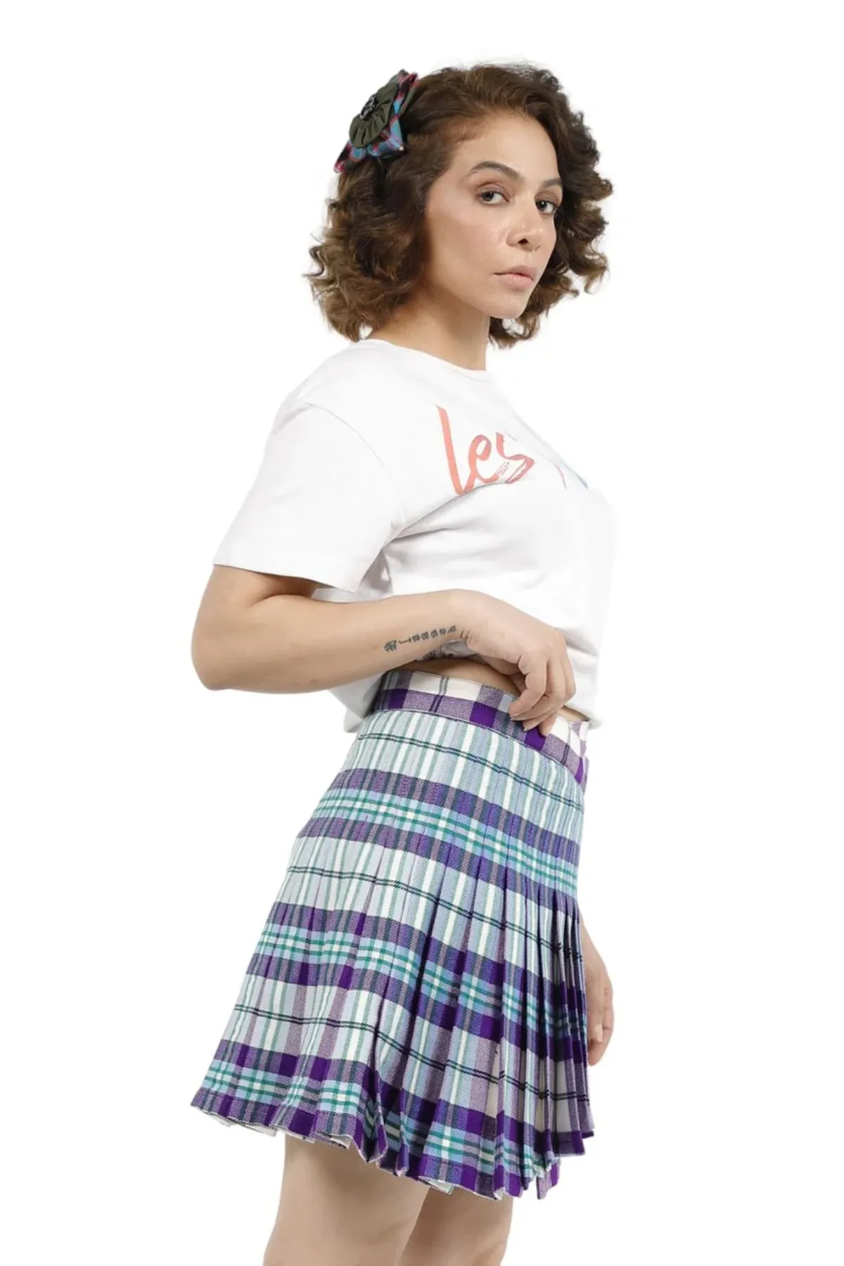Tartan Wrap-Style Pleated Mini Skirt with Belt and Buckle Closure