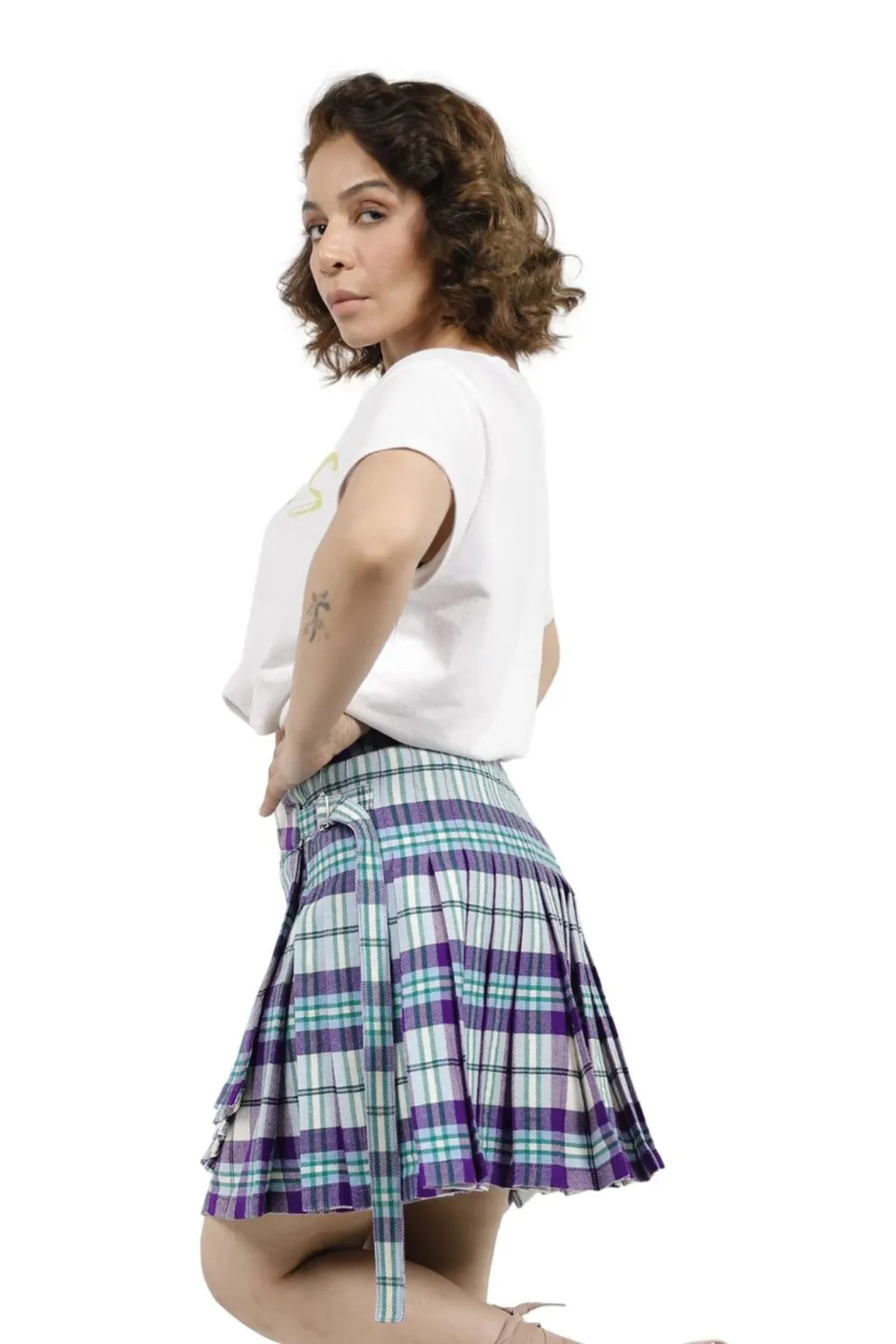 Tartan Wrap-Style Pleated Mini Skirt with Belt and Buckle Closure