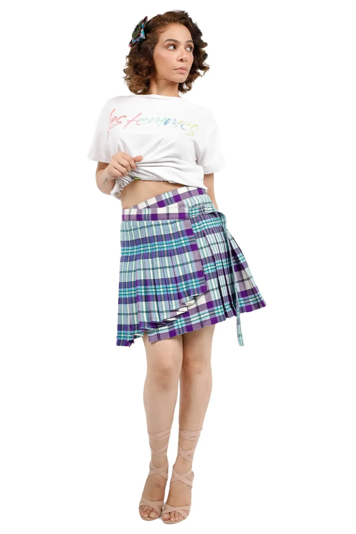 Tartan Wrap-Style Pleated Mini Skirt with Belt and Buckle Closure
