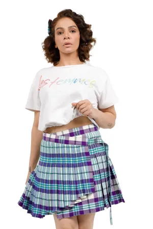 Tartan Wrap-Style Pleated Mini Skirt with Belt and Buckle Closure