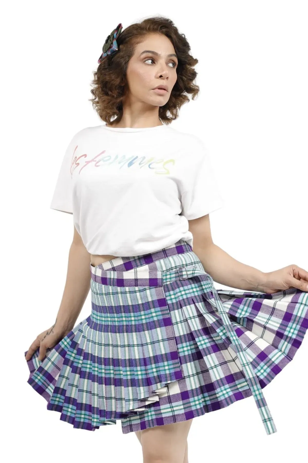 Tartan Wrap-Style Pleated Mini Skirt with Belt and Buckle Closure