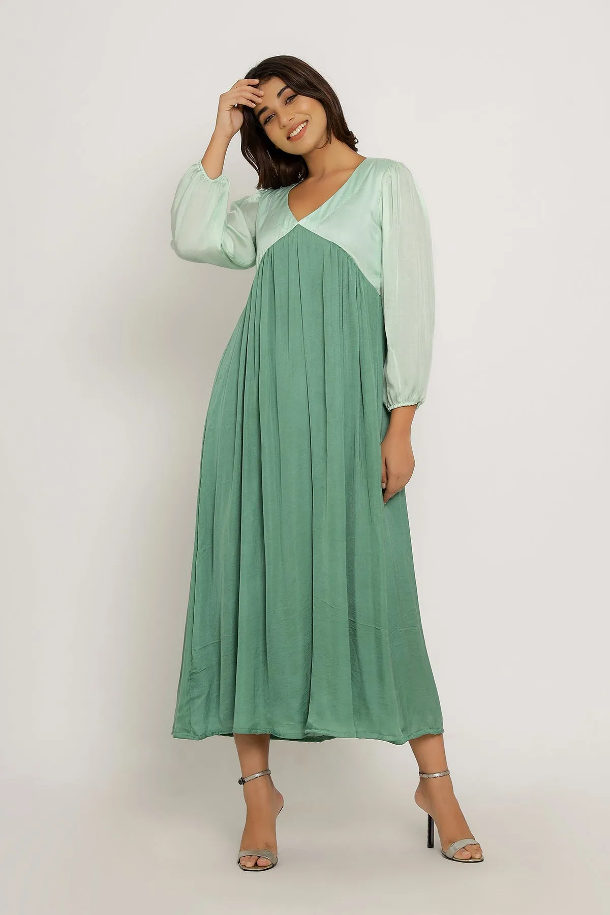 Tea Green-Teal Maxi Color Blocked Dress
