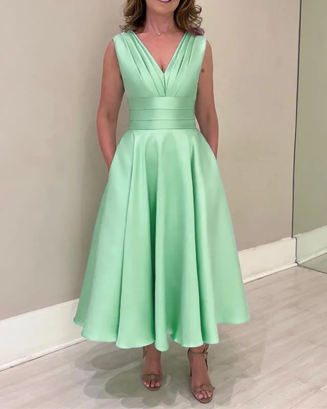 Tea Length Satin V-neck Party Dresses With Pockets