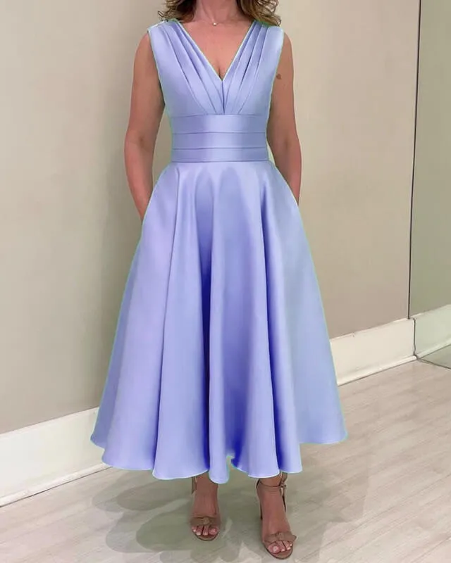Tea Length Satin V-neck Party Dresses With Pockets