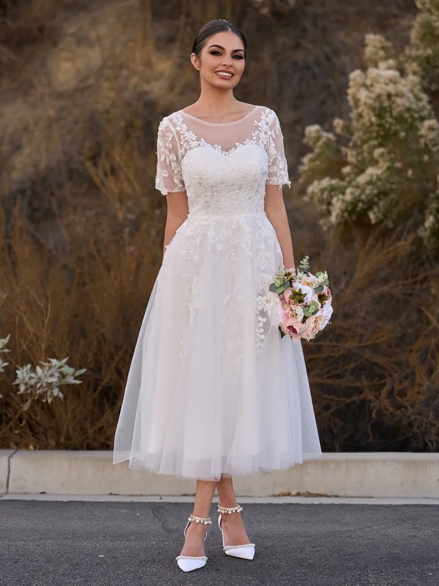 Tea Length Sleeves Ethereal Modern A-line V-Neck Button Back Wedding Dresses