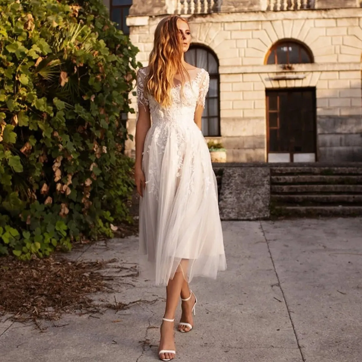 Tea Length Sleeves Ethereal Modern A-line V-Neck Button Back Wedding Dresses
