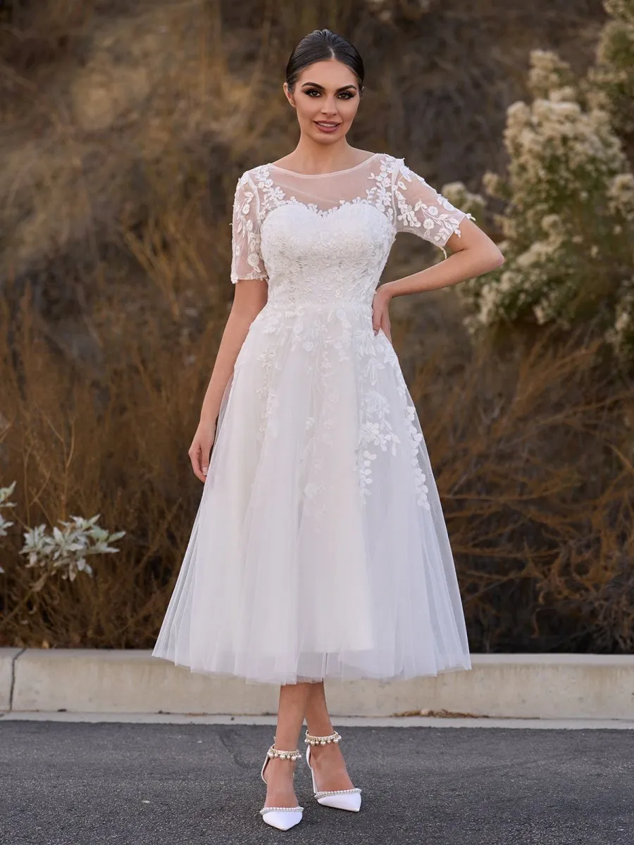 Tea Length Sleeves Ethereal Modern A-line V-Neck Button Back Wedding Dresses