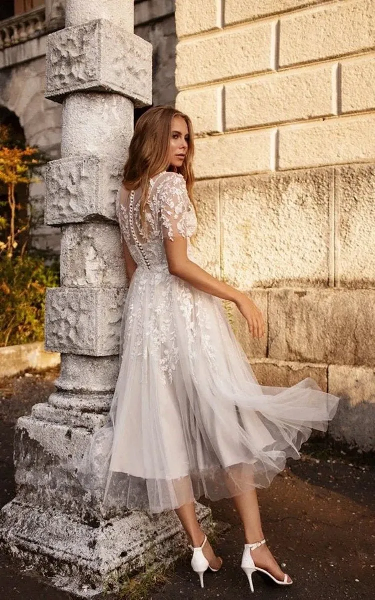 Tea Length Sleeves Ethereal Modern A-line V-Neck Button Back Wedding Dresses