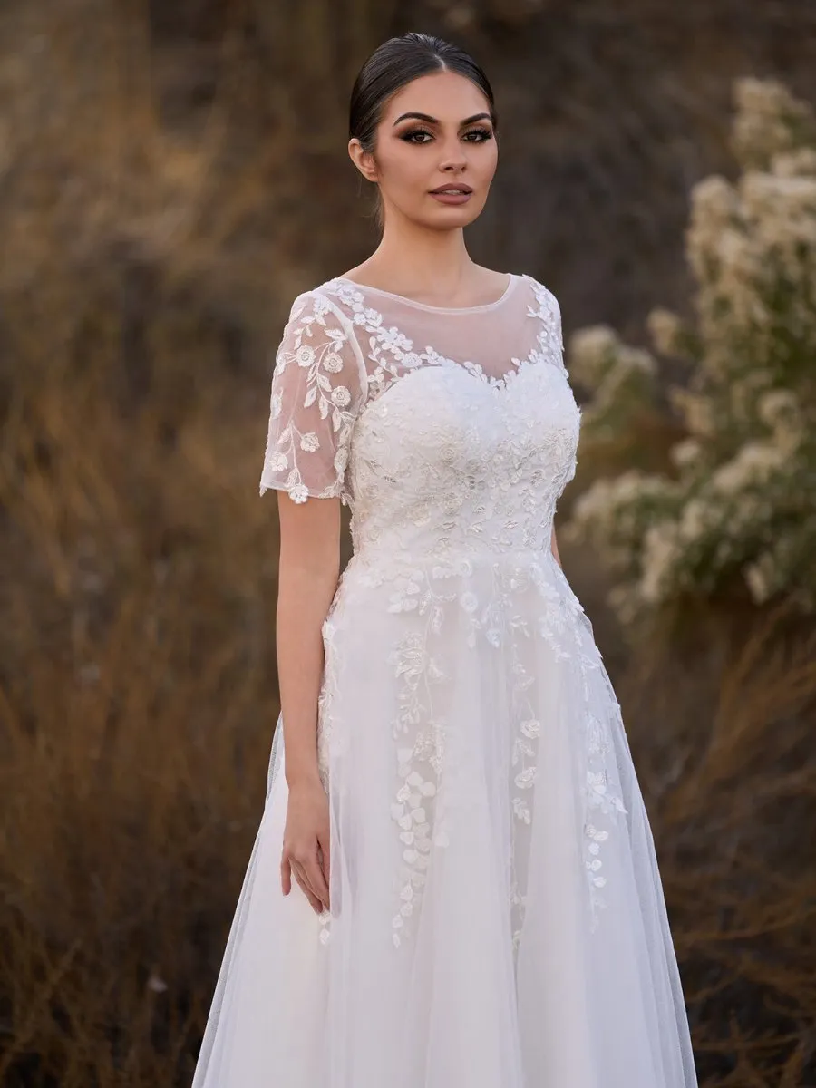 Tea Length Sleeves Ethereal Modern A-line V-Neck Button Back Wedding Dresses