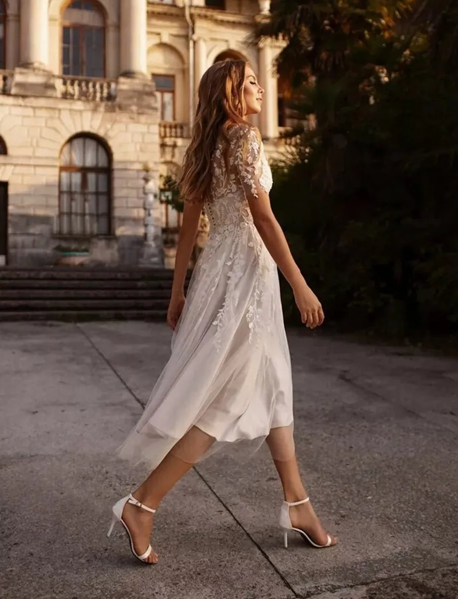 Tea Length Sleeves Ethereal Modern A-line V-Neck Button Back Wedding Dresses