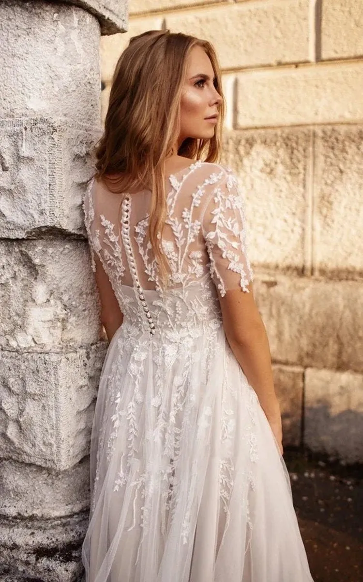 Tea Length Sleeves Ethereal Modern A-line V-Neck Button Back Wedding Dresses