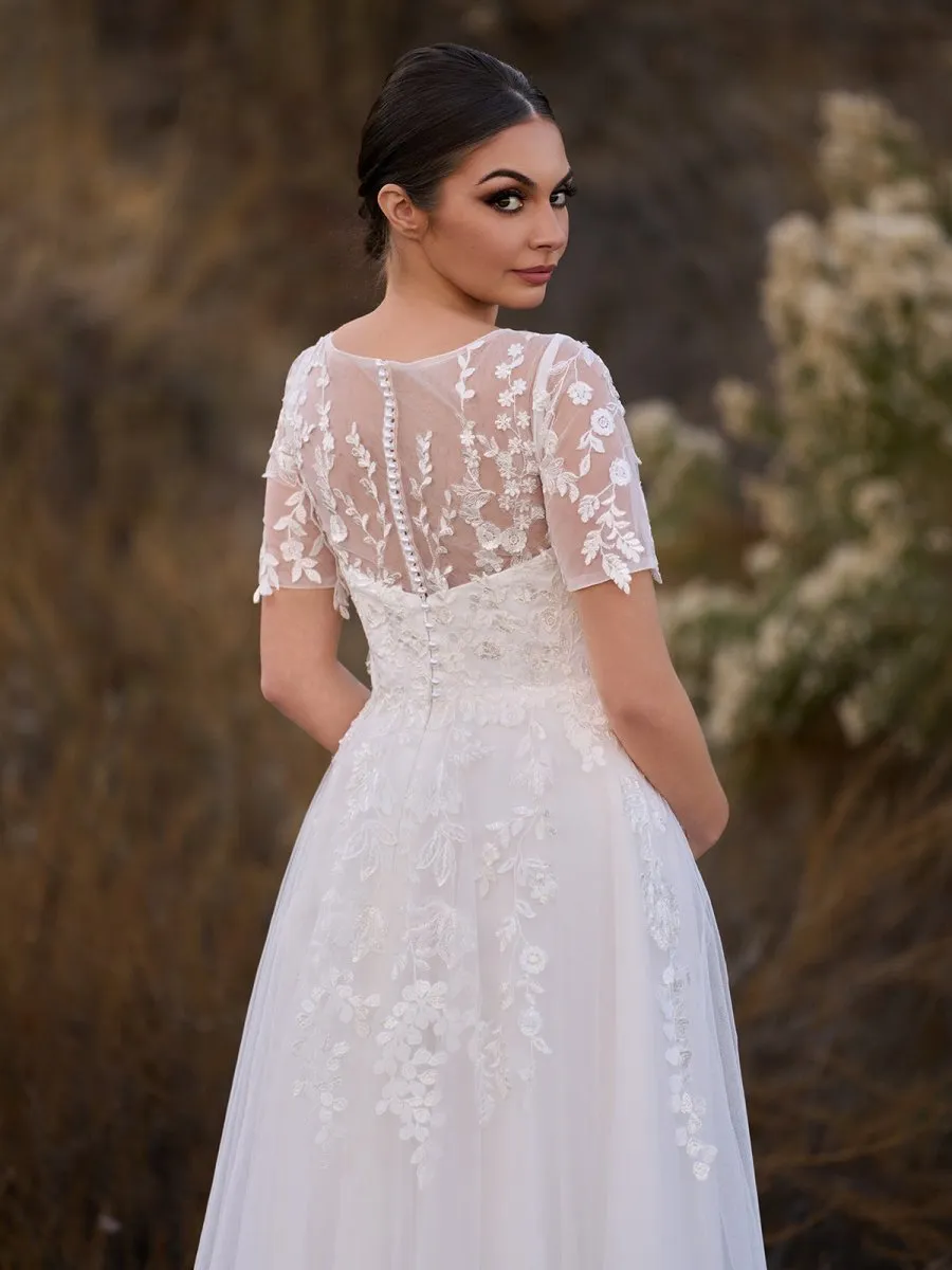 Tea Length Sleeves Ethereal Modern A-line V-Neck Button Back Wedding Dresses