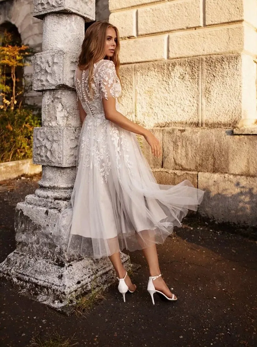 Tea Length Sleeves Ethereal Modern A-line V-Neck Button Back Wedding Dresses