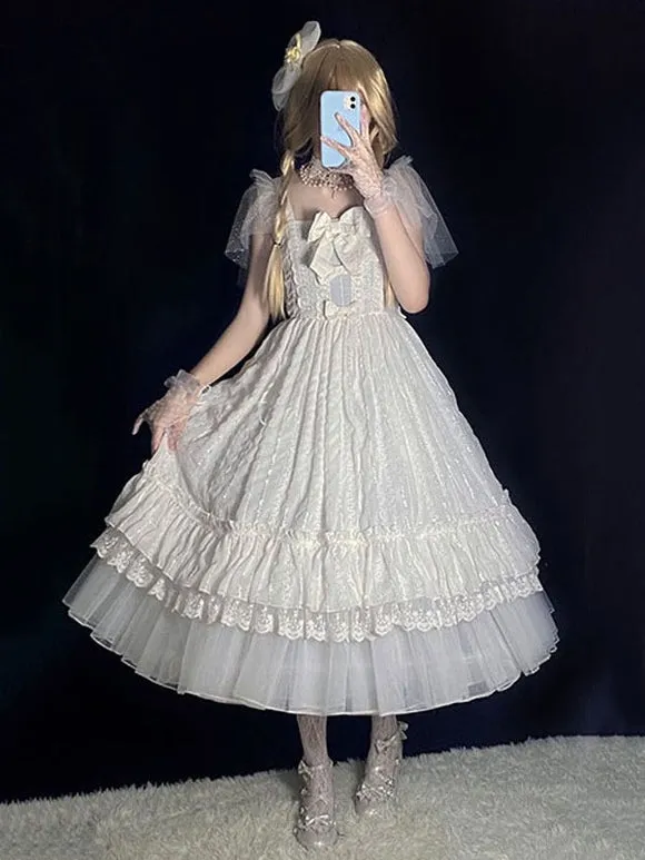 Tea Party Style Lolita JSK Dress White Sleeveless Ruffles Polyester Lolita Wedding Jumper Skirt