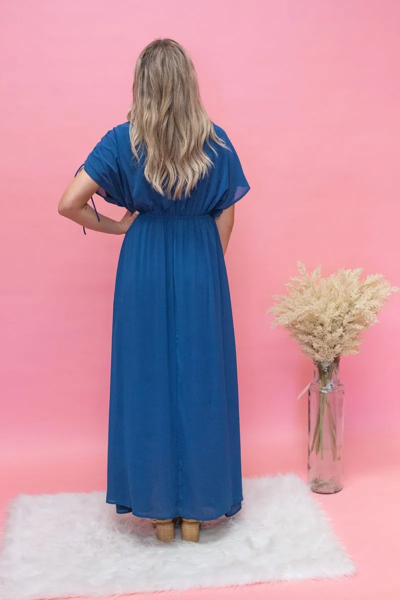 Teal Drawstring Slv Maxi Dress