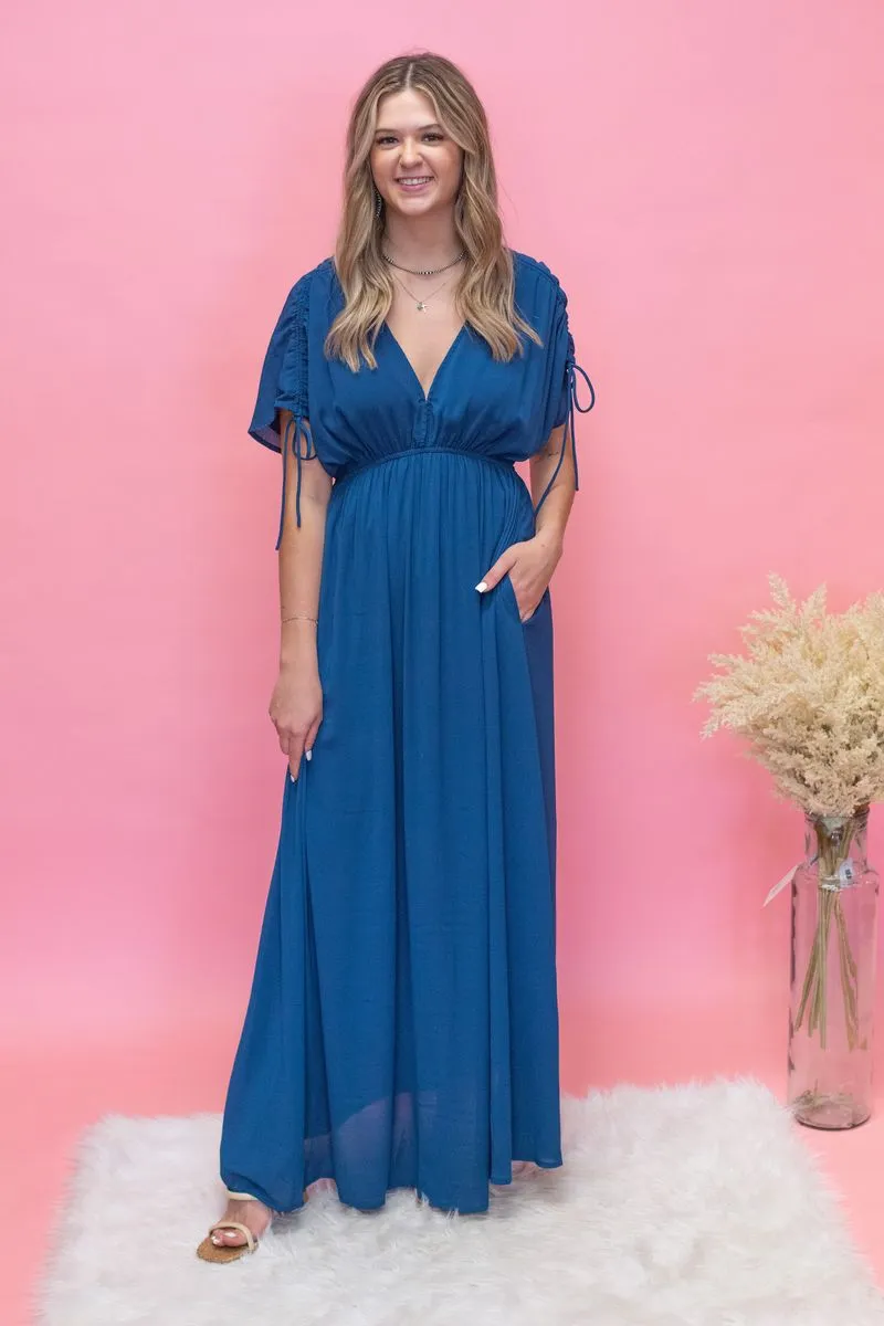 Teal Drawstring Slv Maxi Dress