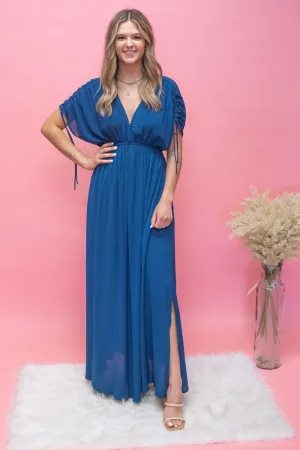 Teal Drawstring Slv Maxi Dress