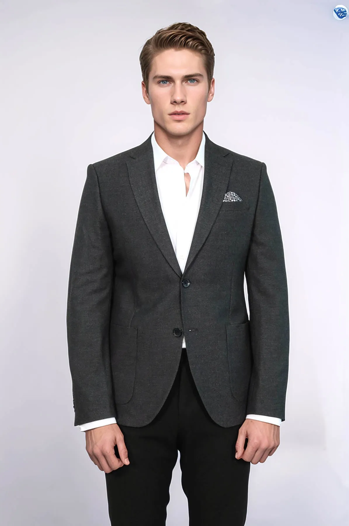 Textured Slim Fit Peak Lapel Anthracite Men Blazer - Wessi
