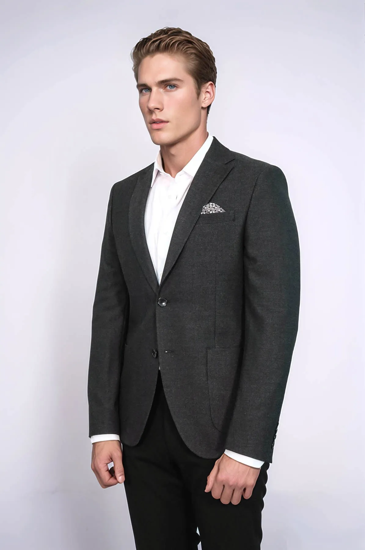 Textured Slim Fit Peak Lapel Anthracite Men Blazer - Wessi