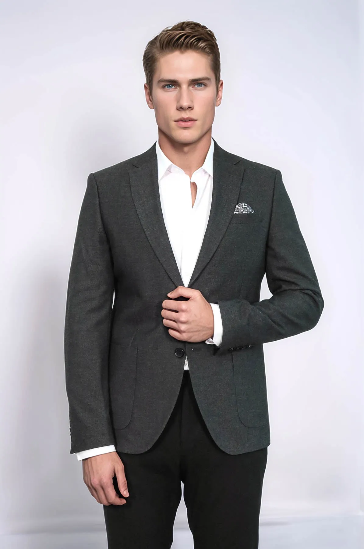 Textured Slim Fit Peak Lapel Anthracite Men Blazer - Wessi