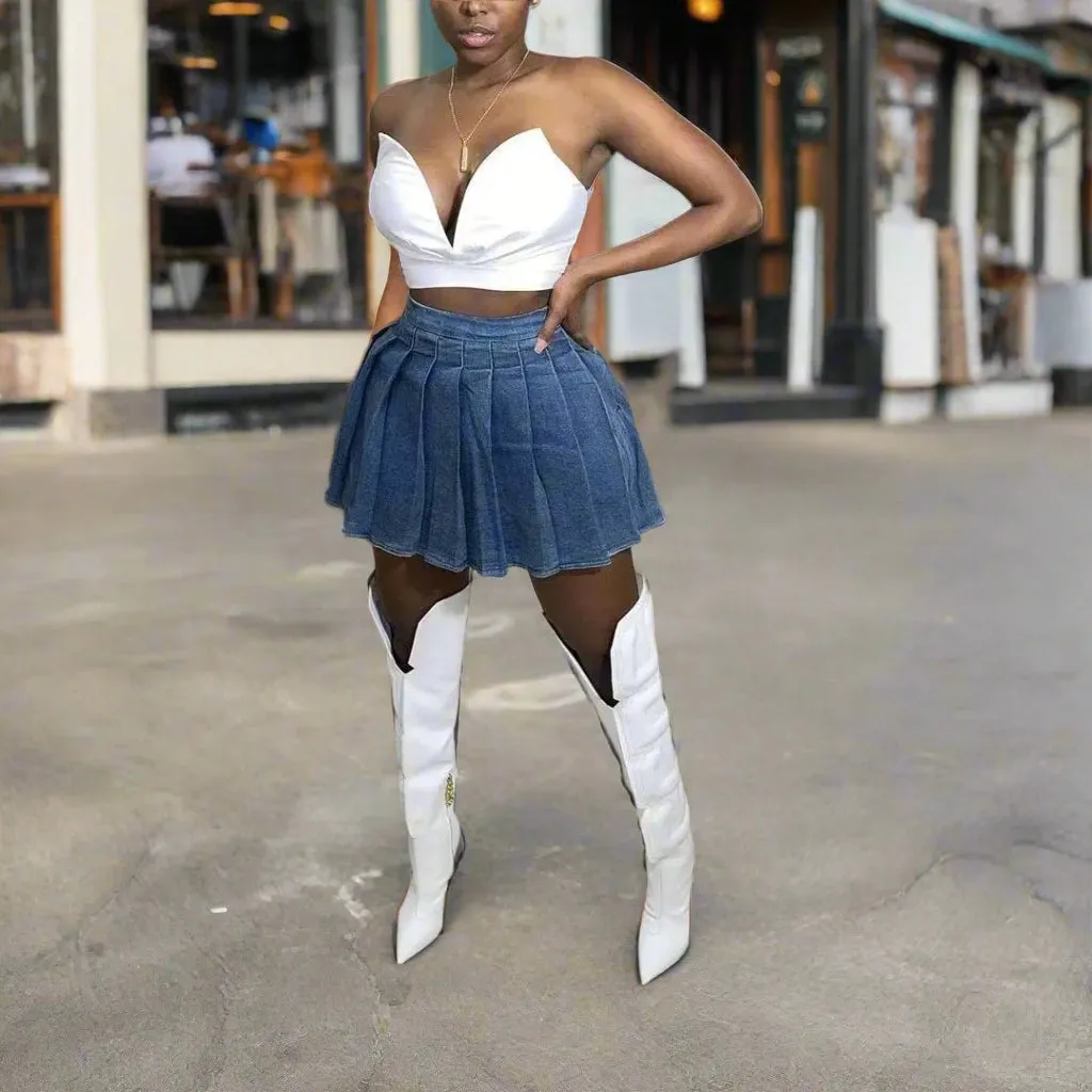 Tiffany - Pleated Denim Skirt